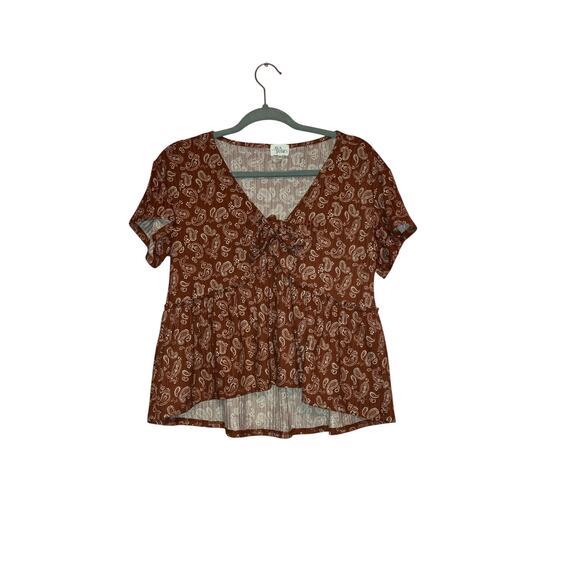 Ava James Brown Paisley Babydoll Tie Front Short Sleeve Blouse Size M - Picture 1 of 5